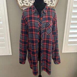 J. Jill Tunic Length Flannel Plaid Long Sleeve Button Down Shirt XL Cotton Top